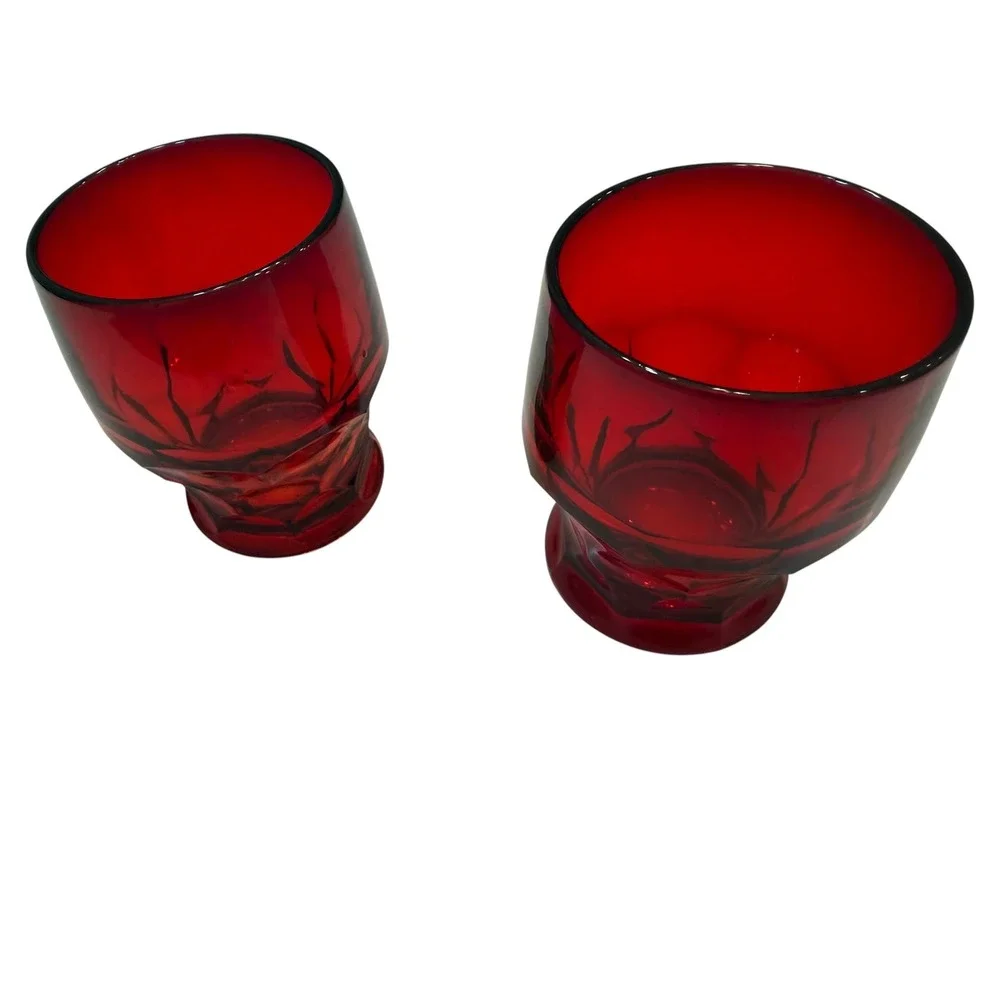 Vintage Ruby Red Textured Faceted Juice Glasses Set of 2 Crimson Tumblers